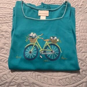 Alfred Dunner Teal Short Sleeve Top with Embroidered Bicycle